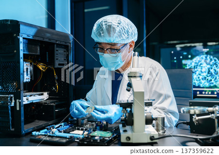 IT technician repairing smartphone and working on motherboard in a modern lab. Electronics, tech repair, digital tools, precision work IT technician repairing smartphone and working on motherboard in a modern lab. Electronics, tech repair, digital tools, precision work 137359622