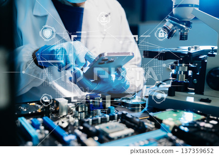 IT technician repairing smartphone and working on motherboard in a modern lab. Electronics, tech repair, digital tools, precision work, and professional IT services IT technician repairing smartphone and working on motherboard in a modern lab. Electronics, tech repair, digital tools, precision work, and professional IT services 137359652