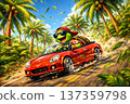 Happy turtle driving fast convertible car on tropical palm road, funny summer travel illustration 137359798