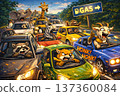 Funny cartoon animals stuck in a long traffic queue waiting for a gas station. Frustrated drivers honking, shouting and showing impatience while cars line up toward a fuel station sign. 137360084