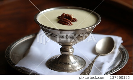 Delicate Dessert In Ornate Silver Cup With Pecans 137360335