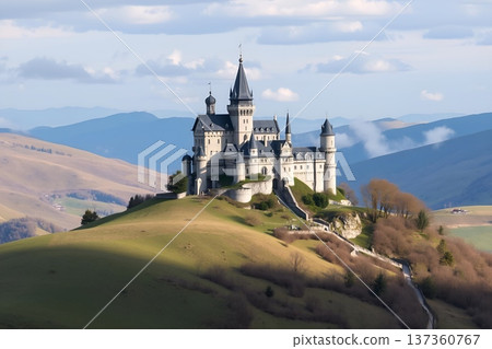 Neuschwanstein Castle Perched on Bavarian Hillside, Germany 137360767