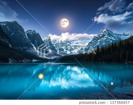 Majestic Moonlit Peaks Reflecting Tranquil Lake Scene 137360857