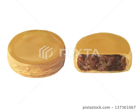 One obanyaki (with bean paste inside) and its cross section, One obanyaki (with bean paste inside) and its cross section, 137361067