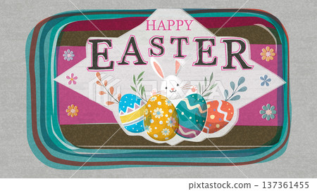 Happy Easter greeting card, poster, label or banner hand drawn transparency and overlap from risograph defect printing on old roneo paper background. 137361455