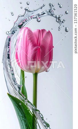 Tulip Flower Macro with Water Droplet Arc in Studio 137361520