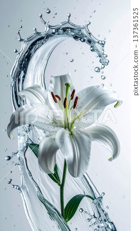 Lily Flower Macro with Water Droplet Arc in Studio Lily Flower Macro with Water Droplet Arc in Studio 137361525