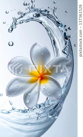 Plumeria Flower Macro with Water Droplet Arc in Studio Plumeria Flower Macro with Water Droplet Arc in Studio 137361526