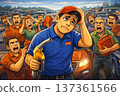 Portrait illustration of a stressed gas station attendant holding a fuel nozzle while angry drivers surround him with gasoline canisters during a severe fuel shortage.  137361566