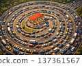 Aerial conceptual illustration showing a massive line of cars forming spiral circles around a small gas station.  137361567