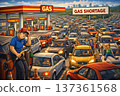 Gas station worker overwhelmed by massive fuel shortage queue 137361568