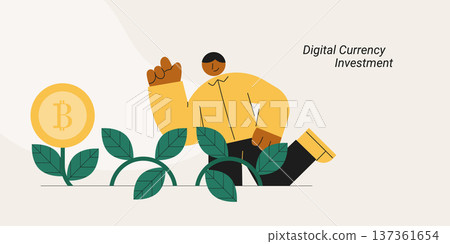 Digital currency investment with man and bitcoin showing cryptocurrency growth and profit. Flat design vector illustration for cryptocurrency, blockchain and digital asset investment concepts. Digital currency investment with man and bitcoin showing cryptocurrency growth and profit. Flat design vector illustration for cryptocurrency, blockchain and digital asset investment concepts. 137361654