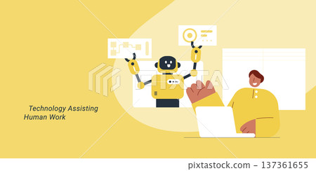 Technology assisting human work with robot AI assistant showing collaboration and automation. Flat design vector illustration for AI assistance, productivity and workplace technology concepts. Technology assisting human work with robot AI assistant showing collaboration and automation. Flat design vector illustration for AI assistance, productivity and workplace technology concepts. 137361655