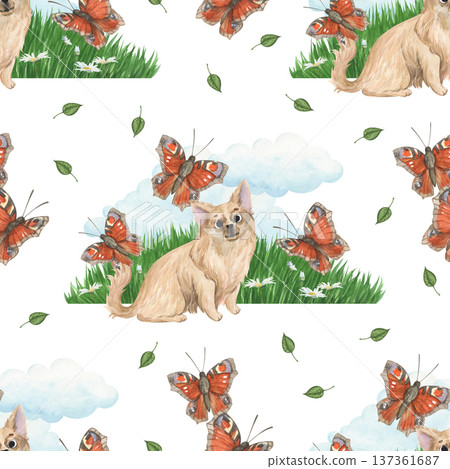 A seamless pattern with a watercolor illustration of a cute Chihuahua A seamless pattern with a watercolor illustration of a cute Chihuahua 137361687