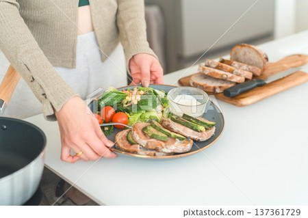 Making breakfast, housewife preparing, woman's hands Making breakfast, housewife preparing, woman's hands 137361729
