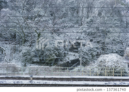 Asukayama Park on a snowy day seen from Oji Station. Winter railway scenery 137361740