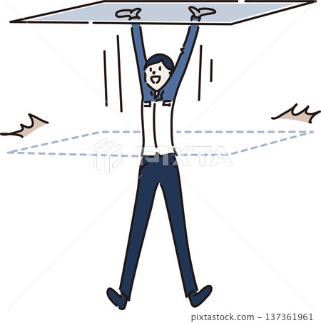 一位身穿工作服的女性打破了玻璃天花板的插圖，她穿著藍色制服。 137361961