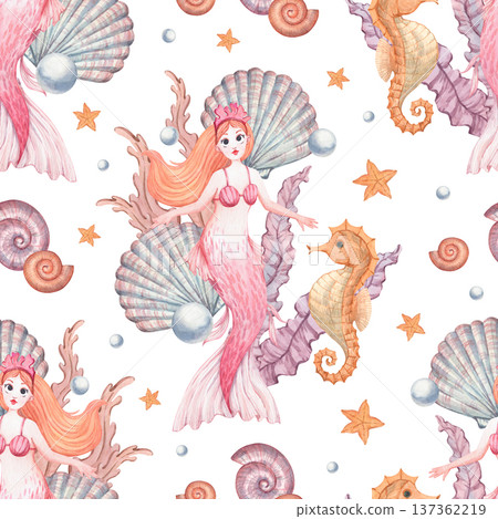 Watercolor seamless pattern featuring a mermaid in a coral crown Watercolor seamless pattern featuring a mermaid in a coral crown 137362219