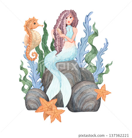 Watercolor illustration of a charming mermaid 137362221
