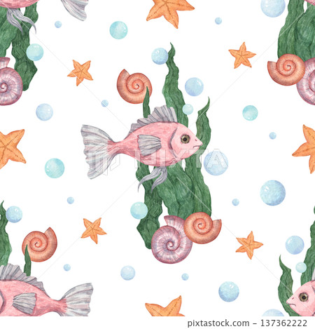 Watercolor seamless pattern with a cute pink fish 137362222