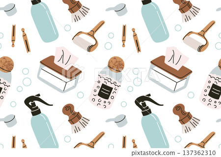 Seamless pattern with cleaning supplies and tools. Spray bottles, brushes, sponges, soap dispensers. Flat vector illustration in cartoon style. Perfect for housework, domestic service themes Seamless pattern with cleaning supplies and tools. Spray bottles, brushes, sponges, soap dispensers. Flat vector illustration in cartoon style. Perfect for housework, domestic service themes 137362310