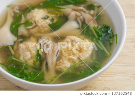 Chicken meatball and mizuna soup Chicken meatball and mizuna soup 137362548