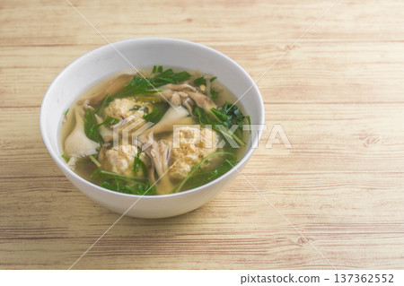 Chicken meatball and mizuna soup Chicken meatball and mizuna soup 137362552