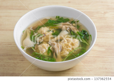 Chicken meatball and mizuna soup Chicken meatball and mizuna soup 137362554