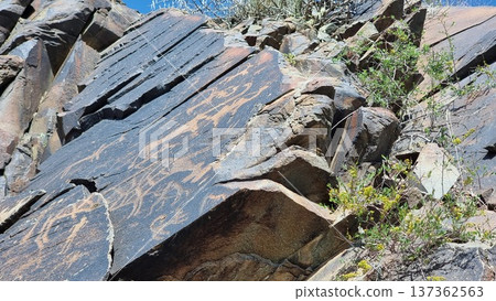 Beautiful view of the nature. Stone with petroglyphs. Beautiful view of the nature. Stone with petroglyphs. 137362563