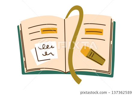Open diary with highlighted notes, sticky note and yellow marker. Flat vector illustration for planning, organization. Cartoon style, cozy atmosphere for self care, journaling, personal journal icon Open diary with highlighted notes, sticky note and yellow marker. Flat vector illustration for planning, organization. Cartoon style, cozy atmosphere for self care, journaling, personal journal icon 137362589