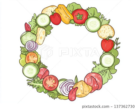 Bright and detailed wreath of vegetables, herbs, and meats forming a circular food-themed illustration. 137362730