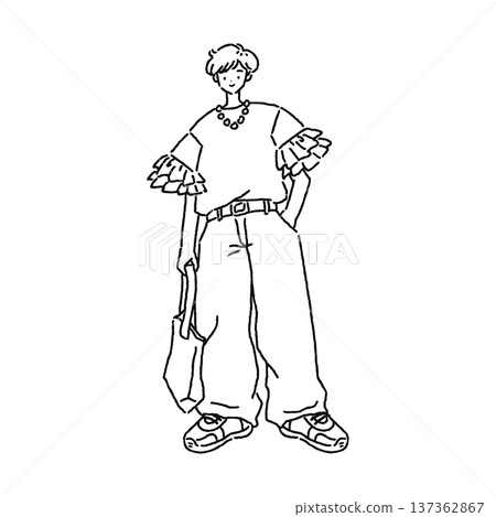 一位身著獨特休閒裝扮的女士-線條畫 一位身著獨特休閒裝扮的女士-線條畫 137362867