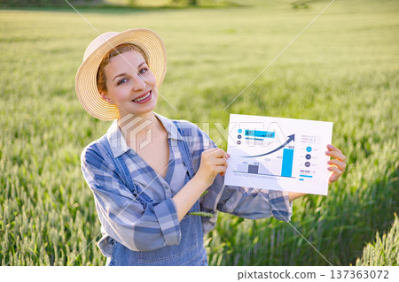 A smiling woman in a straw hat and overalls stands in a green field, holding a paper with a rising graph and statistics A smiling woman in a straw hat and overalls stands in a green field, holding a paper with a rising graph and statistics 137363072