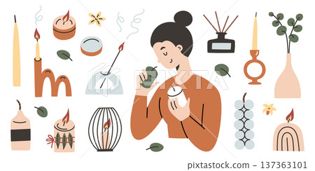 Woman smelling aromatic candles. Set of decorative candles in various shapes, holders, incense sticks, eucalyptus branches. Flat vector illustration in cartoon style for home decor, relaxation 137363101