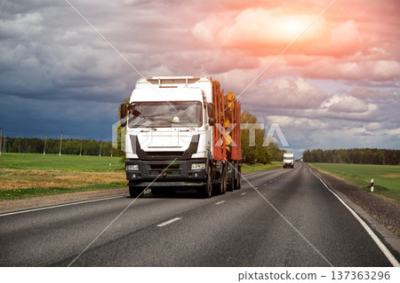 White long haul truck transports logs open highway under dramatic cloudy sky, showcasing heavy freight movement raw material delivery White long haul truck transports logs open highway under dramatic cloudy sky, showcasing heavy freight movement raw material delivery 137363296