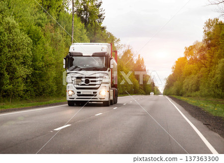 Large white semi-truck with trailer travels on asphalt road through vibrant green forest on a cloudy day, indicating long distance freight transport and journey of vehicle Large white semi-truck with trailer travels on asphalt road through vibrant green forest on a cloudy day, indicating long distance freight transport and journey of vehicle 137363300