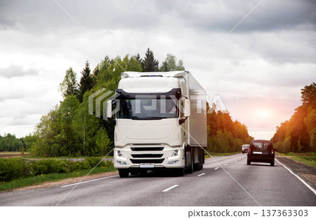 White heavy goods vehicle with trailer drives long haul journey asphalt road past lush green trees cloudy weather daytime freight movement 137363303