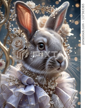 一隻兔子的新娘肖像照,身上裝飾著鮮花和珠寶。背景是夢幻般的閃爍散景光。 一隻兔子的新娘肖像照,身上裝飾著鮮花和珠寶。背景是夢幻般的閃爍散景光。 137363365