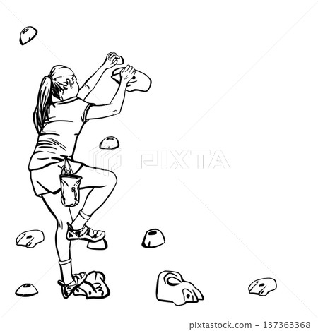 Teenager girl climbing on indoor bouldering rock wall with belt Chalk bag. Hand drawing vector black line art illustration for extreme sport, fitness challenge card, banner Isolated from background 137363368