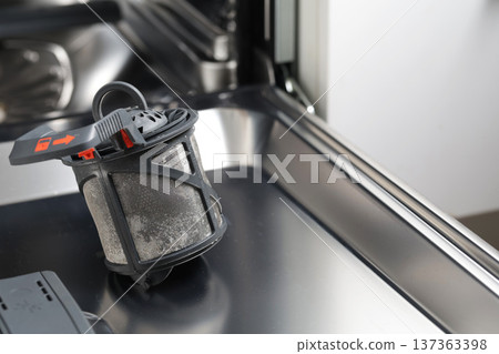 Dishwasher filter removal showing accumulation of food particles and debris, necessity of appliance maintenance for hygiene of kitchen equipment Dishwasher filter removal showing accumulation of food particles and debris, necessity of appliance maintenance for hygiene of kitchen equipment 137363398