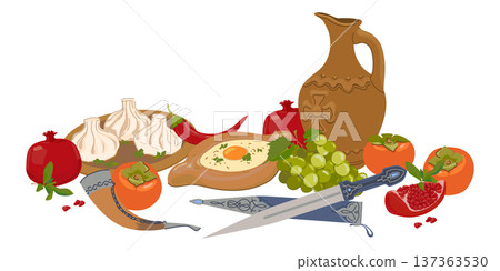 Symbols of Georgian hospitality. Khinkali and khachapuri are traditional dishes of the Caucasus. Ripe pomegranates, persimmons, and grapes. Vector illustration of a wine horn and a kama dagger. 137363530