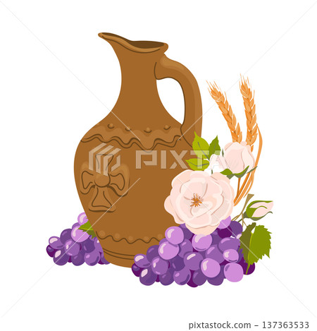 Clay wine jug and purple grapes. Vector illustration. Ceramic tableware with an ethnic pattern from Georgia. A symbol of wealth and hospitality. 137363533
