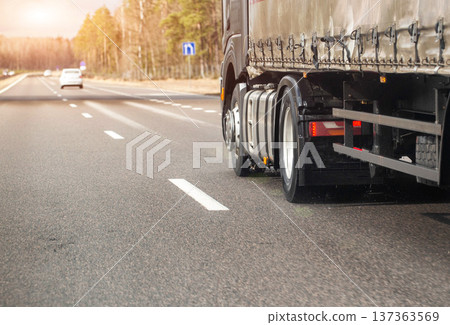 Large cargo truck with trailer travels on highway at daytime, freight transport along asphalt road, under concrete overpass. Copy space for text 137363569