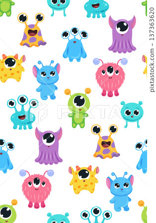 Vector pattern with cute cartoon aliens. Childish texture with Martians. Seamless pattern with hand drawn monsters Vector pattern with cute cartoon aliens. Childish texture with Martians. Seamless pattern with hand drawn monsters 137363620