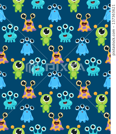 Vector seamless pattern with cute cartoon aliens. Childish texture with Martians. Pattern with happy monsters 137363621