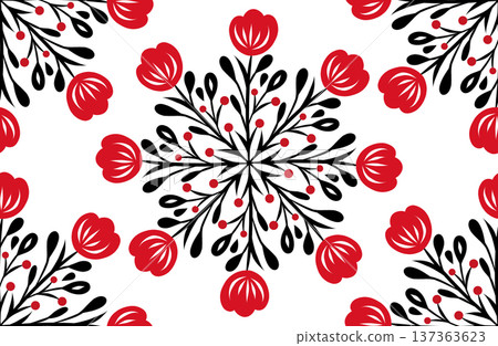 Vector Slavic seamless pattern with tracery floral mandala. Monochrome folk art texture with flower ornaments 137363623