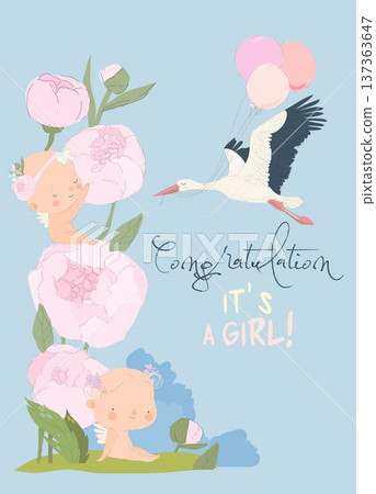 Stork Delivering Baby Girl. It s a Girl. Baby Shower Card 137363647