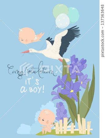 Stork Delivering Baby Boy. It s a Boy. Baby Shower Card Stork Delivering Baby Boy. It s a Boy. Baby Shower Card 137363648