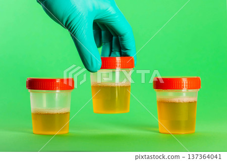 A doctor's hand in a medical glove holding a urine sample against a green background. Concept of a three-cup urine test. Polymeric chain reaction studies for ureaplasma and mycoplasma, close-up A doctor's hand in a medical glove holding a urine sample against a green background. Concept of a three-cup urine test. Polymeric chain reaction studies for ureaplasma and mycoplasma, close-up 137364041