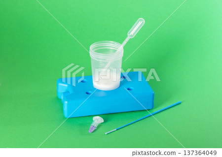 Prostate fluid and sperm biomaterial are stored on a cooling unit. Concept of donation and diseases in the male reproductive system. Sexually transmitted infections. Copy space for text 137364049